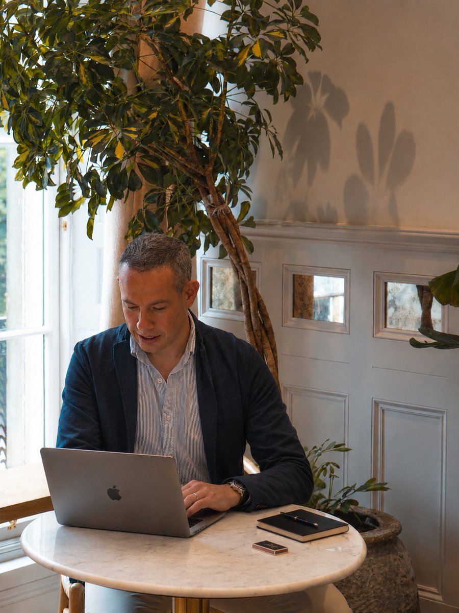 John Robertson working on a laptop at a café table